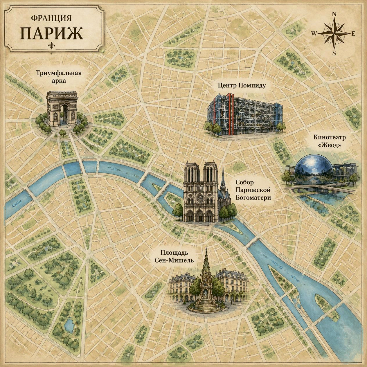 Карта Парижа с местами из книги «Приключения саквояжников во Франции»